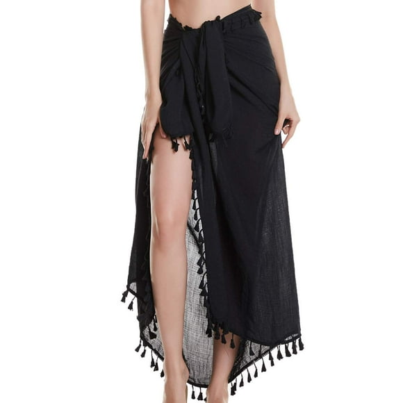 Eicolorte Paréo de Plage Hawaïen pour Femmes, Jupe de Maillot de Bain (Noir-Long)