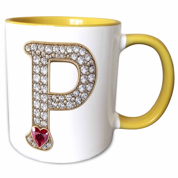 3drose, Glam Image of Diamonds Red Heart Monogram Initial P, 15oz Two-tone Yellow Mug