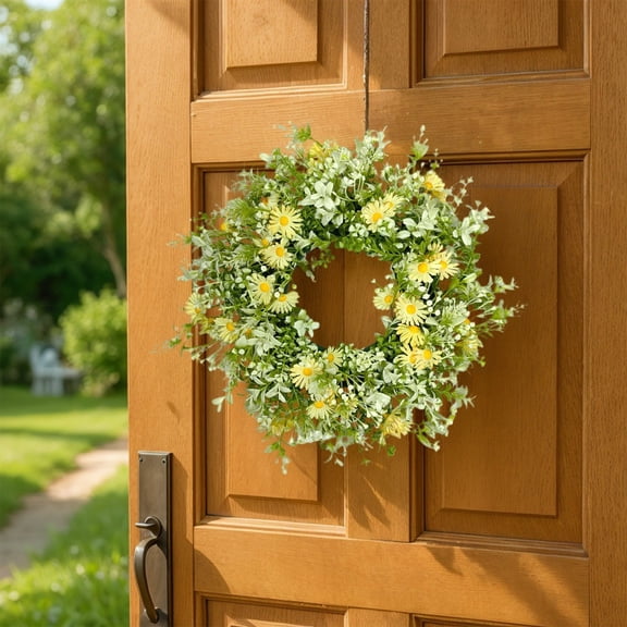 Generic Daisy Wreath with Fake Silk Floral Green Eucalyptus Leaves and Lavender for Spring Summer Front Door Window Wall Wedding Farmhouse Festival Decor