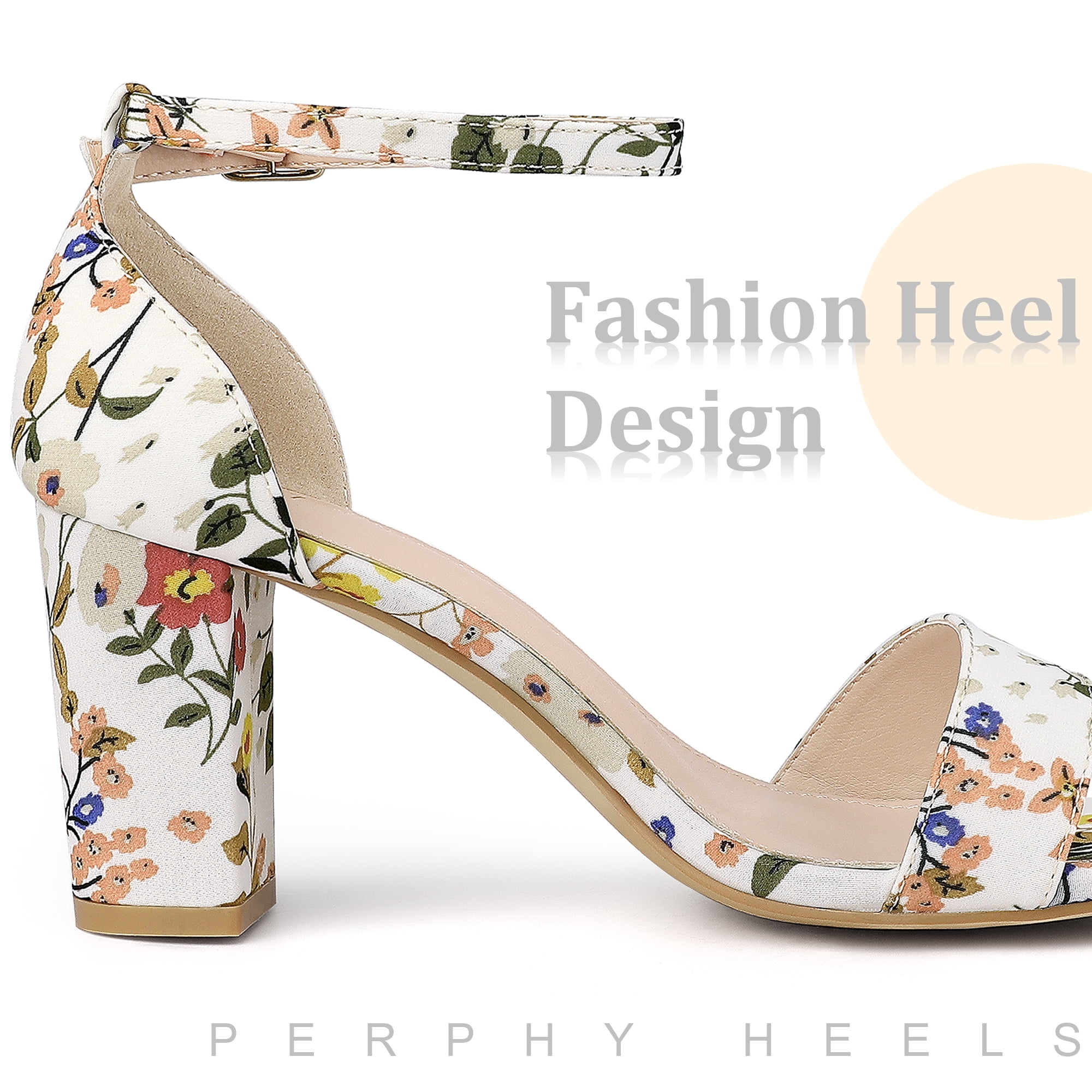 DARING DIVA Women's Floral Open Toe Ankle Strap Chunky Heel Sandals White 5.5
