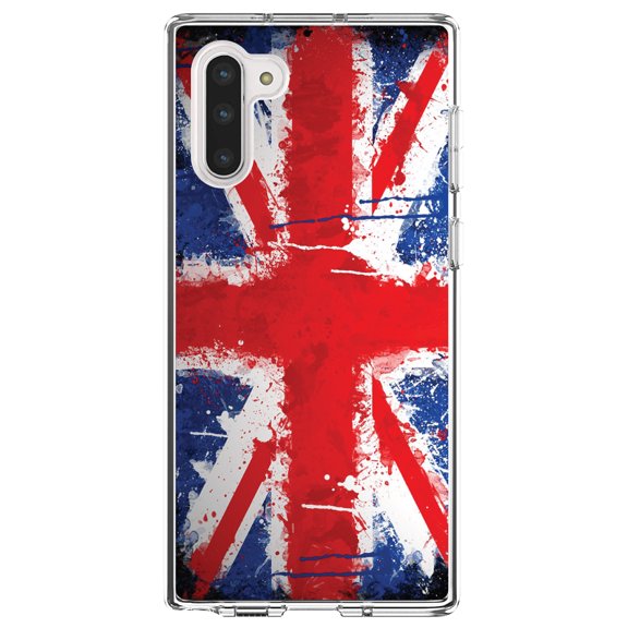 DistinctInk Clear Shockproof Hybrid Case for Samsung Galaxy Note 10 (6.3" Screen) - TPU Bumper, Acrylic Back, Tempered Glass Screen Protector - Red White Blue British Flag Graffiti - the UK
