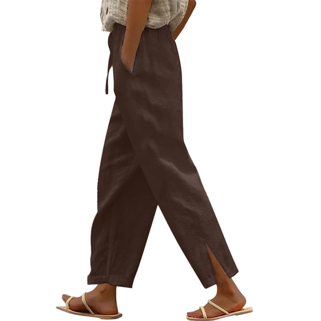 FNFYFH Clearance Cotton Linen Pants for Women Drawstring Elastic Waisted Pant Solid Trousers,Brown
