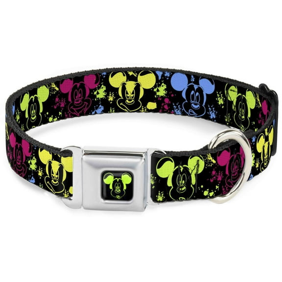 Disney Pet Collar, Dog Collar Metal Seatbelt Buckle, Mickey Expressions Paint Splatter Black Multi Neon, 11 to 16.5 Inches 1.0 Inch Wide