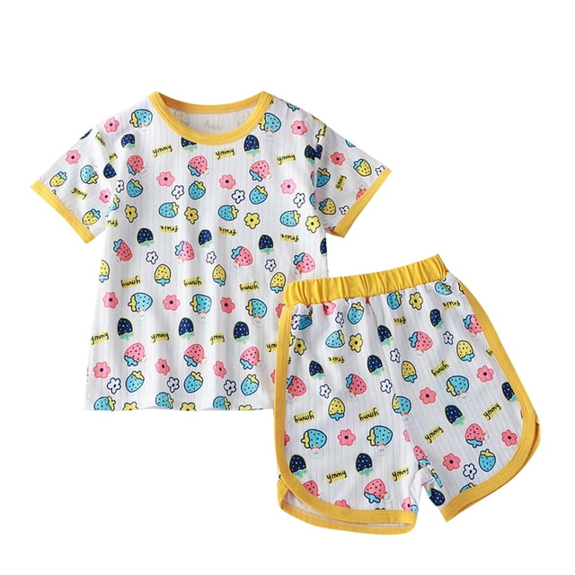 Odeerbi 0-10 Años Niños Niñas Conjuntos de Verano Fresa Estampado Camiseta Manga Corta de Algodón Pantalones Cortos Conjunto de Dos Piezas