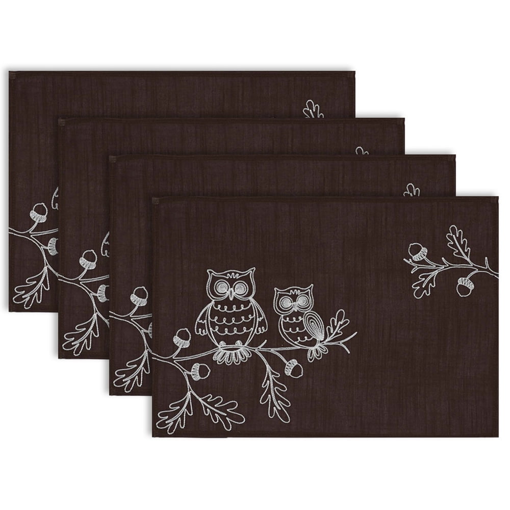 DII Placemat Embroidered Owls (Set of 4), 19"x13", 100 Polyester