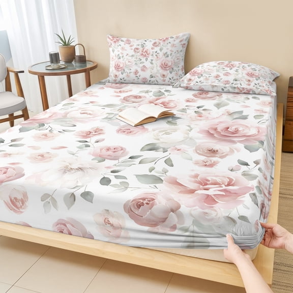 Full Size Fitted Sheet Set - Pink Rose 3 Piece Bedding Sets 16" Deep Pocket Fitted Sheet with 2 Pillowcases Modern Simple Romantic Flowers Floral Leaves Brushed Microfiber Hotel Luxury Bed Sheets