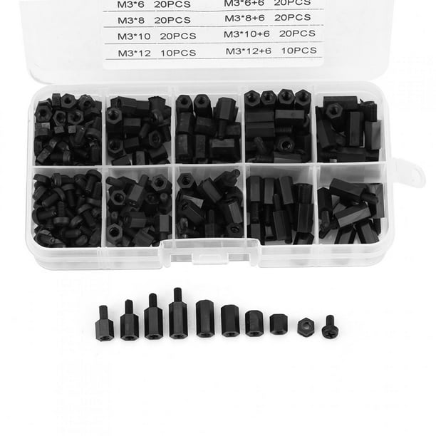 300 Uds Tornillos De Separación M3 Tuerca De Tornillo De Nailon Hexagonal Macho Hembra Juego De Tornillos De Separación Kit Surtido Con Caja De Almacenamiento Negro
