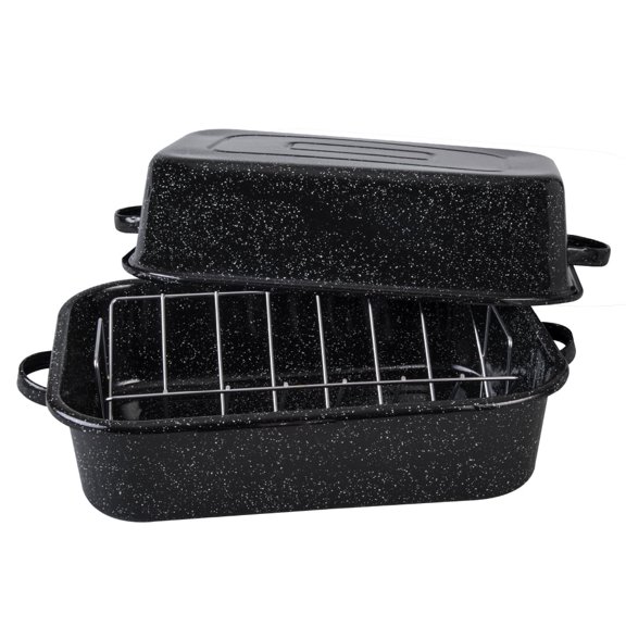 Granite Ware 21 in Oven Rectangular Roaster with lid and V Rack (Speckled Black) - Accommodates up to 25 lb poultry or roast.