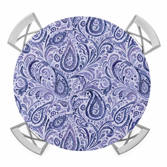 Elastic Fitted Round Tablecloth, Purple Navy Blue Waterproof Stretch Table Cover for 45"-54" Tables, Retro Botanical Abstract Art Washable Outdoor Tablecloths for Patio, Picnic, Camping