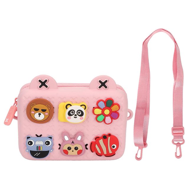 Kids Single Shoulder Camera Bag DIY Cartoon Decors Shock Absorbing Sling Messenger Bag Pink