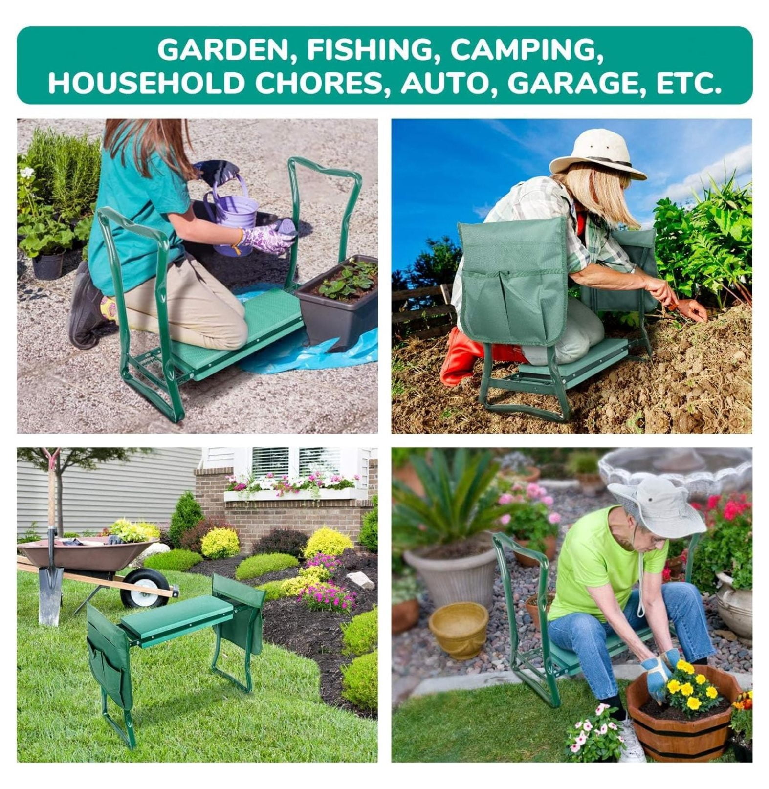 Garden Kneeler and Seat with Sturdy Soft Foam Pad, Foldable Kneeling , 2 Tool Pouches Included, for Camping, Gardening, Fishing, Green