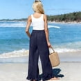 thumbnail image 5 of Lumtrix Linen Pants Women Wide Leg Ruffle Hem Palazzo Pants Elastic High Waisted Flowy Beach Vacation Trousers with Pockets Navy M, 5 of 5