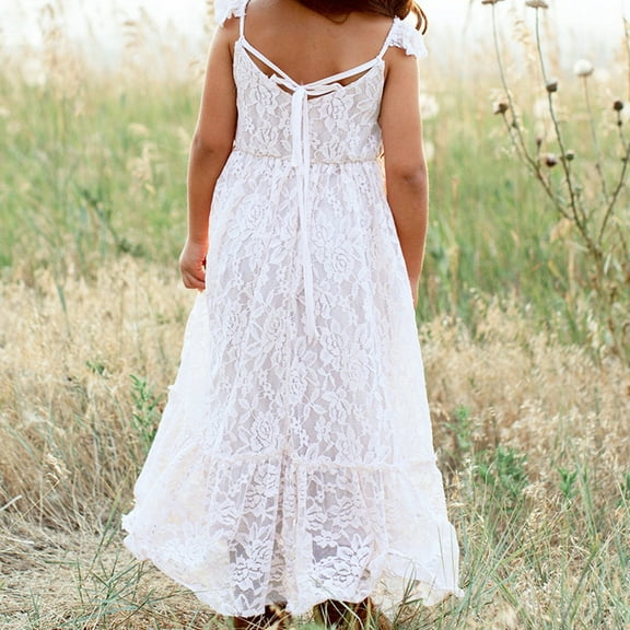 Vedolay Mini Dress Girls Lace Bridesmaid Dress Long A Line Wedding Pageant Dresses Tulle Party Gown,White 7-8 Years