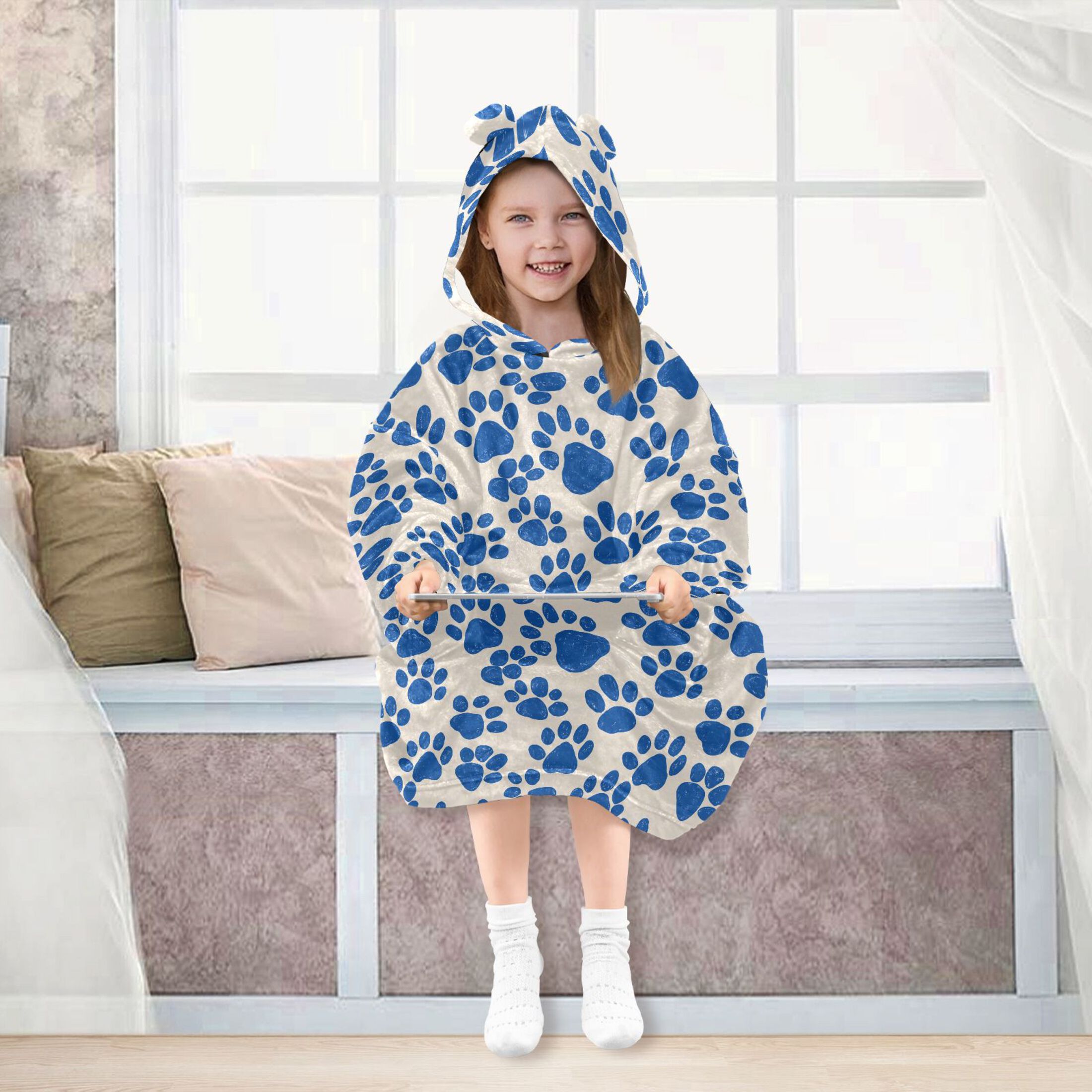 Wearable Blanket Hoodie for Kids Dog Footprints Flannel Hooded Blanket with Pockets and Sleeves Suitable for Boys and Girls