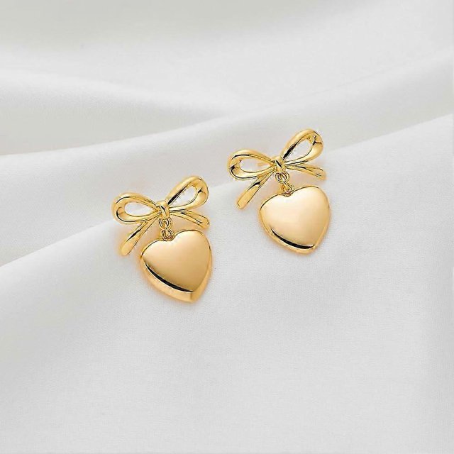 Gold Heart Dangle Earrings For Women, Ribbon Bow Dangle Earrings, Gift for Valentine's Day Anniversary Birthday