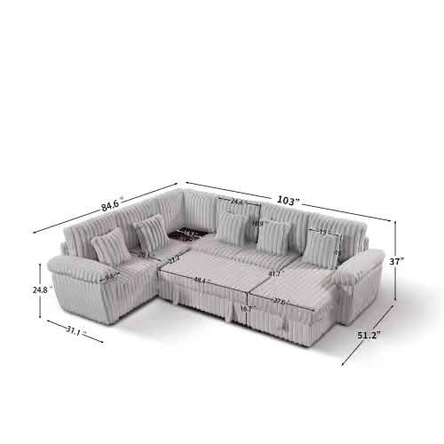MAYEERTY 103-Inch Light Gray Corduroy U-Shape 7-Seat Pull-Out Sofa Bed, Super Soft Modular Sectional with Storage, USB Ports & Built-In Coffee Table for Living Room