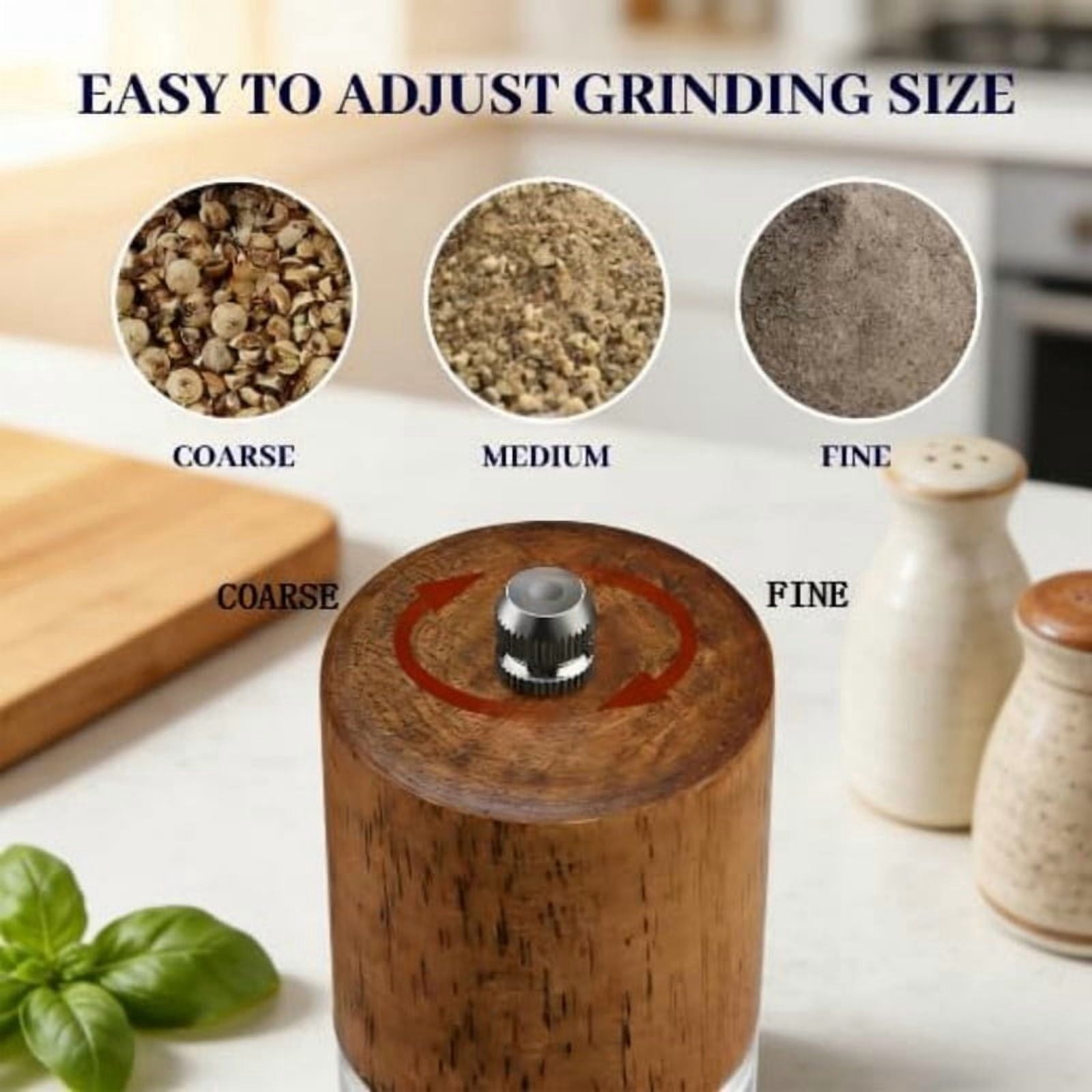 Salt and Pepper Grinder Set, 2 Pack 8 Inches Manual Acrylic Mills, Refillable Salt Shaker and Pepper Mill for Kitchen, Wooden Design