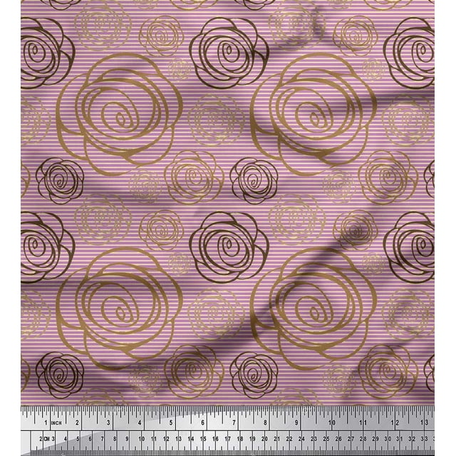 Soimoi Purple polyester Crepe Fabric Stripe & Ranunculus Floral Print Sewing Fabric Yard 52 Inch Wide