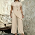 thumbnail image 2 of Women's Solid Collared Irregular Asymmetrical Hem Short Sleeve Top Wide Leg Pants 2 Piece Outfit, Loose Casual office Matching Set Beige S(S), 2 of 6