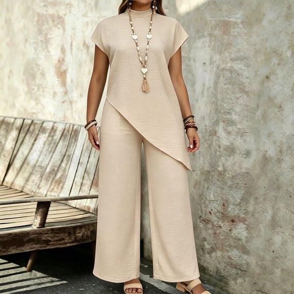 KIHOUT Women Summer Asymmetric Top and Wide Leg Pants Set Casual Knit Two Piece Outfits Short Sleeve Loose Fit Tracksuit for Daily Vacation