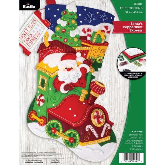 Bucilla Santa's Peppermint Express Christmas Felt Applique Stocking Kit, 18 in, 1 Count