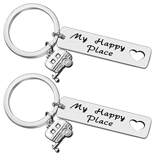 Happy Camper Pink Door Trailer Wagon Camping Silver Cute Keychain Charms Gift 