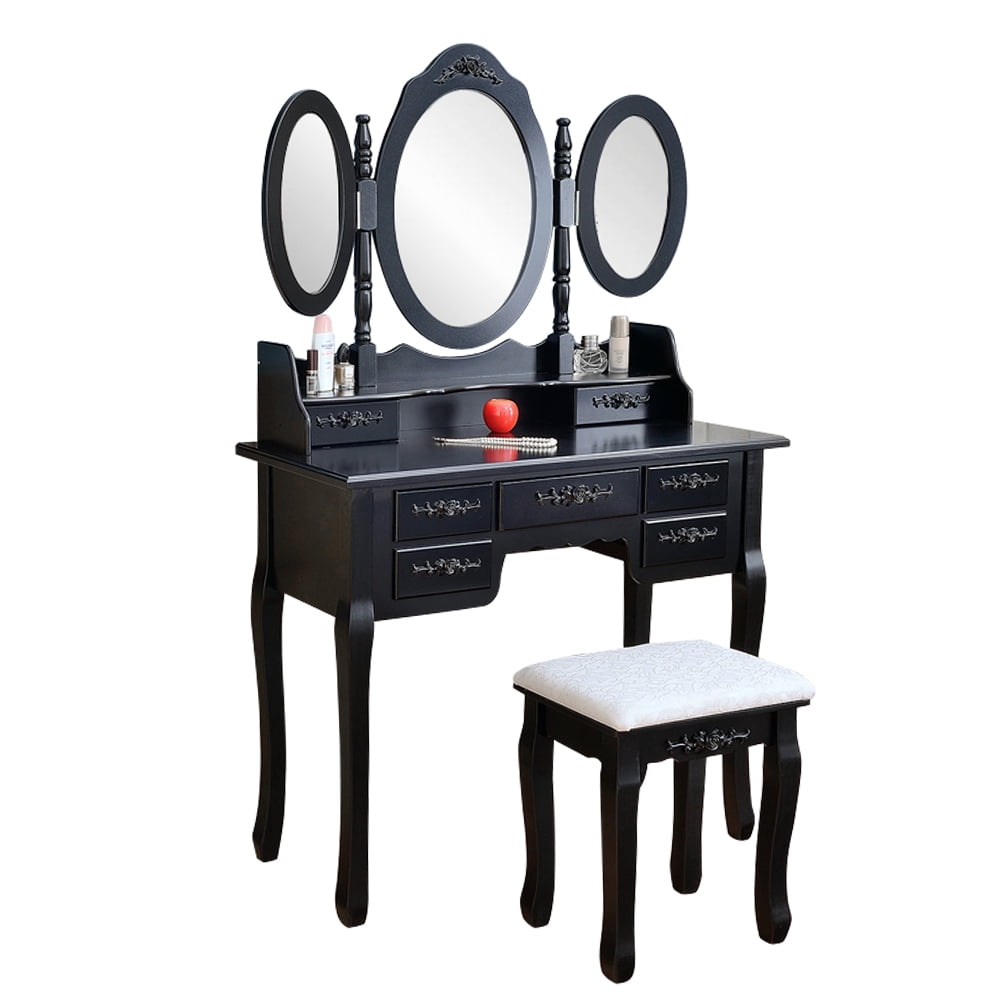 Kepooman Wood Dressing Table, Vanity Table with Tri-Folding Mirror, 7 Drawers & Stool Kepooman Wood Dressing Table, Vanity Table with Tri-Folding Mirror, 7 Drawers & Stool