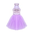 thumbnail image 4 of TiaoBug Kids Girls Halter Leotard Ballet Dance Shiny Sequined Mesh Splice Tutu Dress Performance Costume, 4 of 7