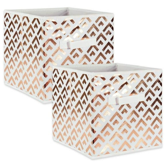 Design Imports CAMZ38261 11 x 11 x 11 in. Nonwoven Double Diamond Square Polyester Storage Cube&#44; White & Copper - Set of 2