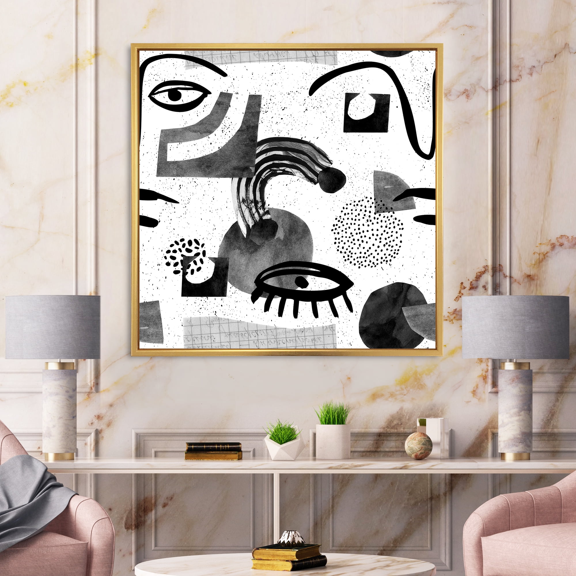 Designart 'Collage of Eyes And Doodles In Contemporary Style II' Modern Framed Canvas Wall Art Print