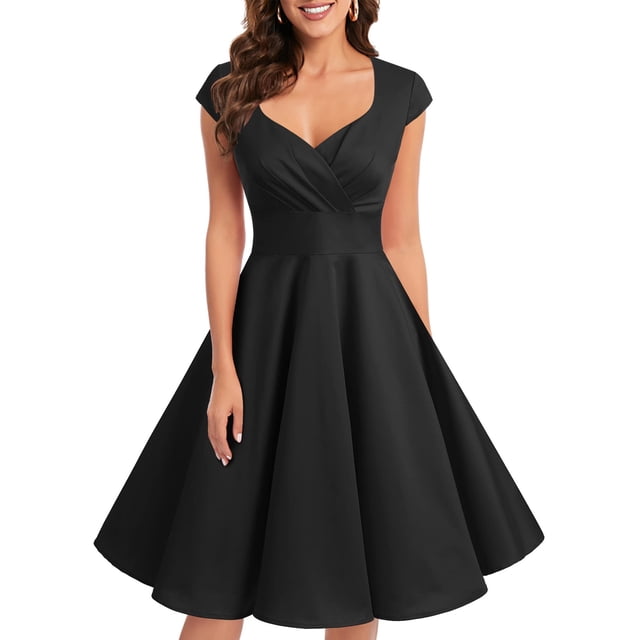 Vestido de cóctel retro vintage de los años 50 falda plisada con cuello en V rockabilly