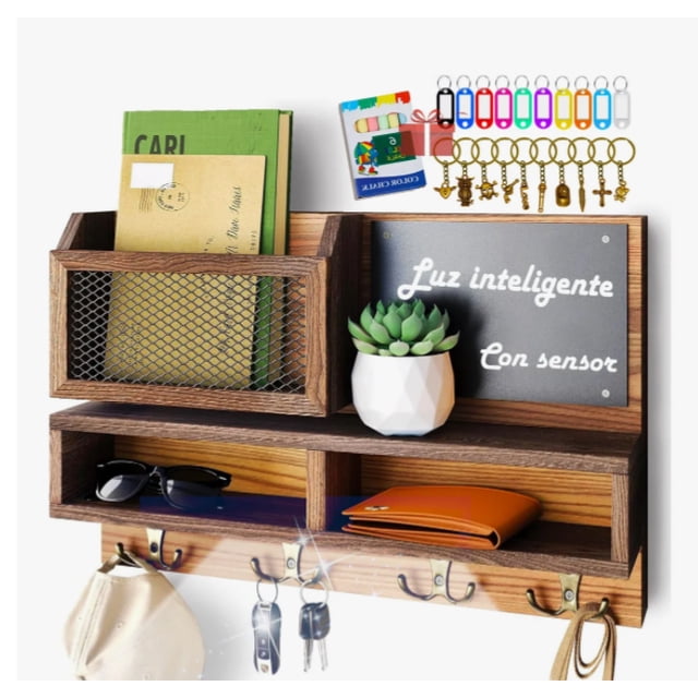 Porta Llaves Pared Madera Modernos Hogar Adornos Con Luz Led Con Sensor Estante Pared Multifuncional, Organizador De Llaves Montado En La Pared Y De Correo Para Cocina, Oficina 40x26x8 cm