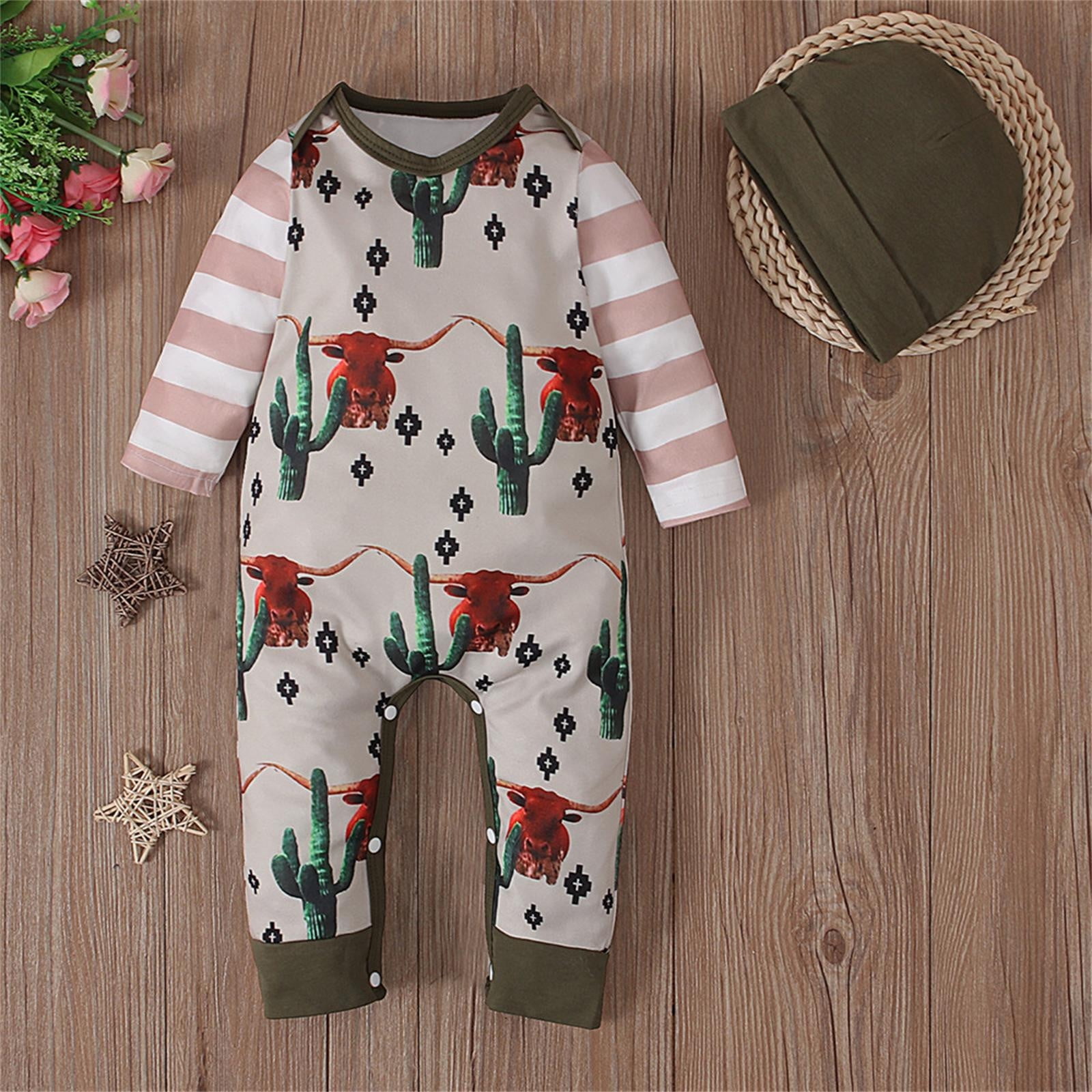 JIKNTTR Baby Boy Girl Western Clothes Cow Print Long Sleeve Romper Jumpsuit One Piece Spring Fall Winter Outfit Rompers With Hat Set 0-3 Months