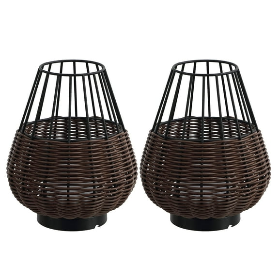 JONATHAN Y Elian 10" Modern Rustic Decorative Indoor/Outdoor Faux Wicker Rechargeable/Cordless Dimmable Integrated LED Table Lamp, Dark Brown/Black (Set of 2), JYL7154A-SET2