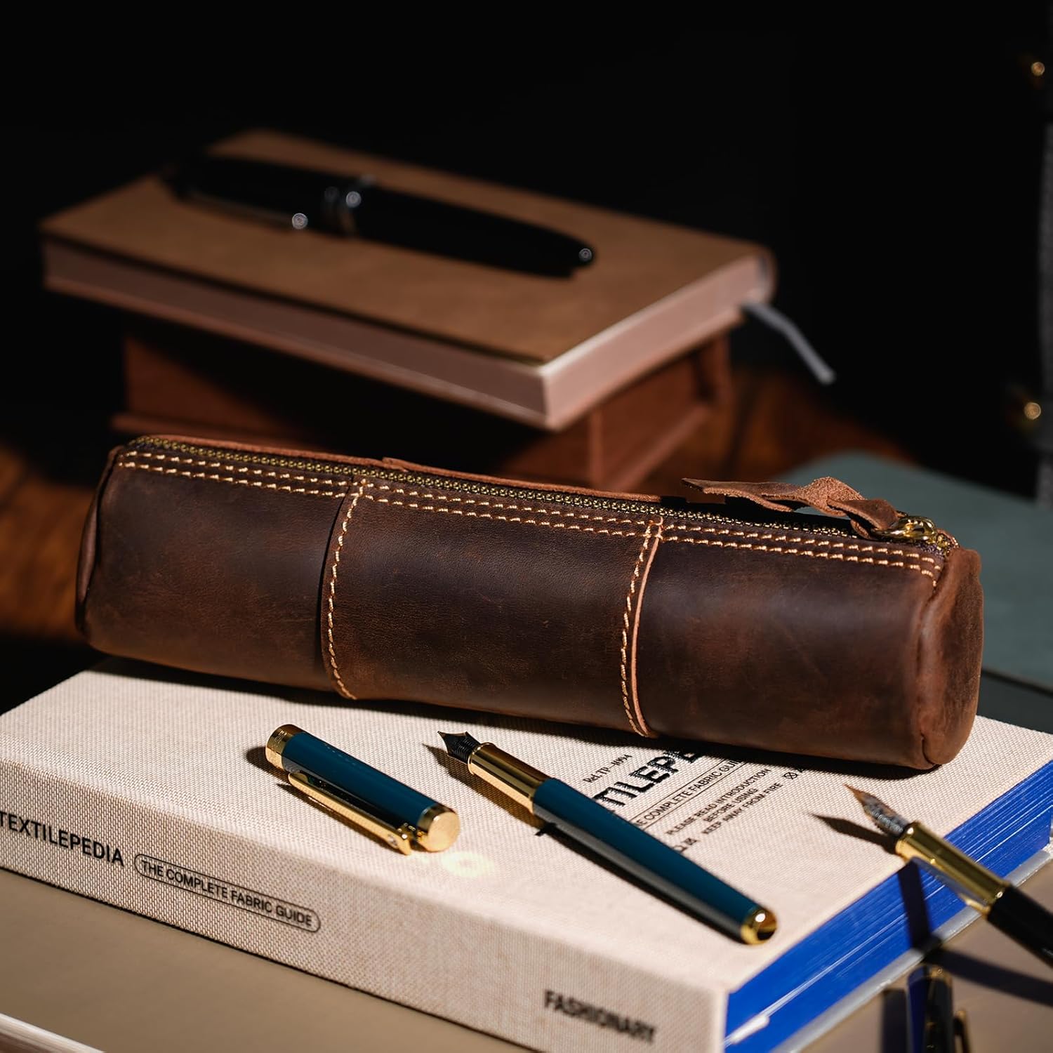 ABPETE Genuine Leather Pencil Case, Full-Grain Cowhide Leather Pouch, Small Pencil Pouch for Men, Vintage Pen Bag for Adults, Stationery Organizer Case for Work & Travel-Cylinder-Coffee