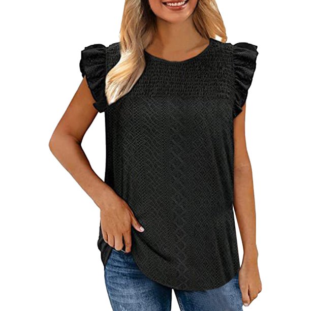 Playeras,Blusas y Tops,Ropa para Mujer Verano Tops Camiseta sin mangas con volantes y costuras de tela jacquard hueca de cuello redondo para mujer (Black, L)
