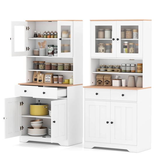 Costway Pantry Cabinet 67" Tall Kitchen Floor Cabinet with 2 Removable Shelves 2 Drawers White