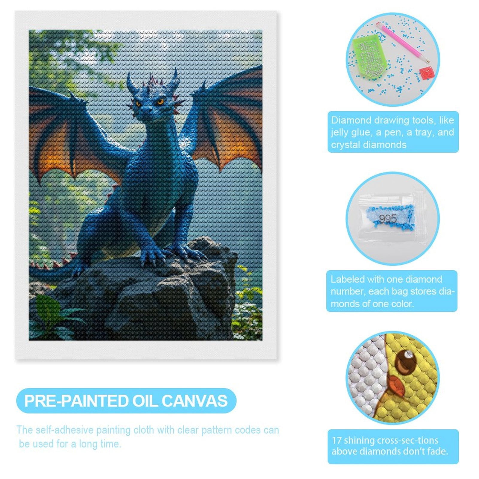 Diamond Art Kits for Adults, Blue Dragon On Rock Forest Background 5D Diamond Painting Kits for Adults Beginners, DIY Full Drill Diamond Painting, Gem Art and Crafts 12x16