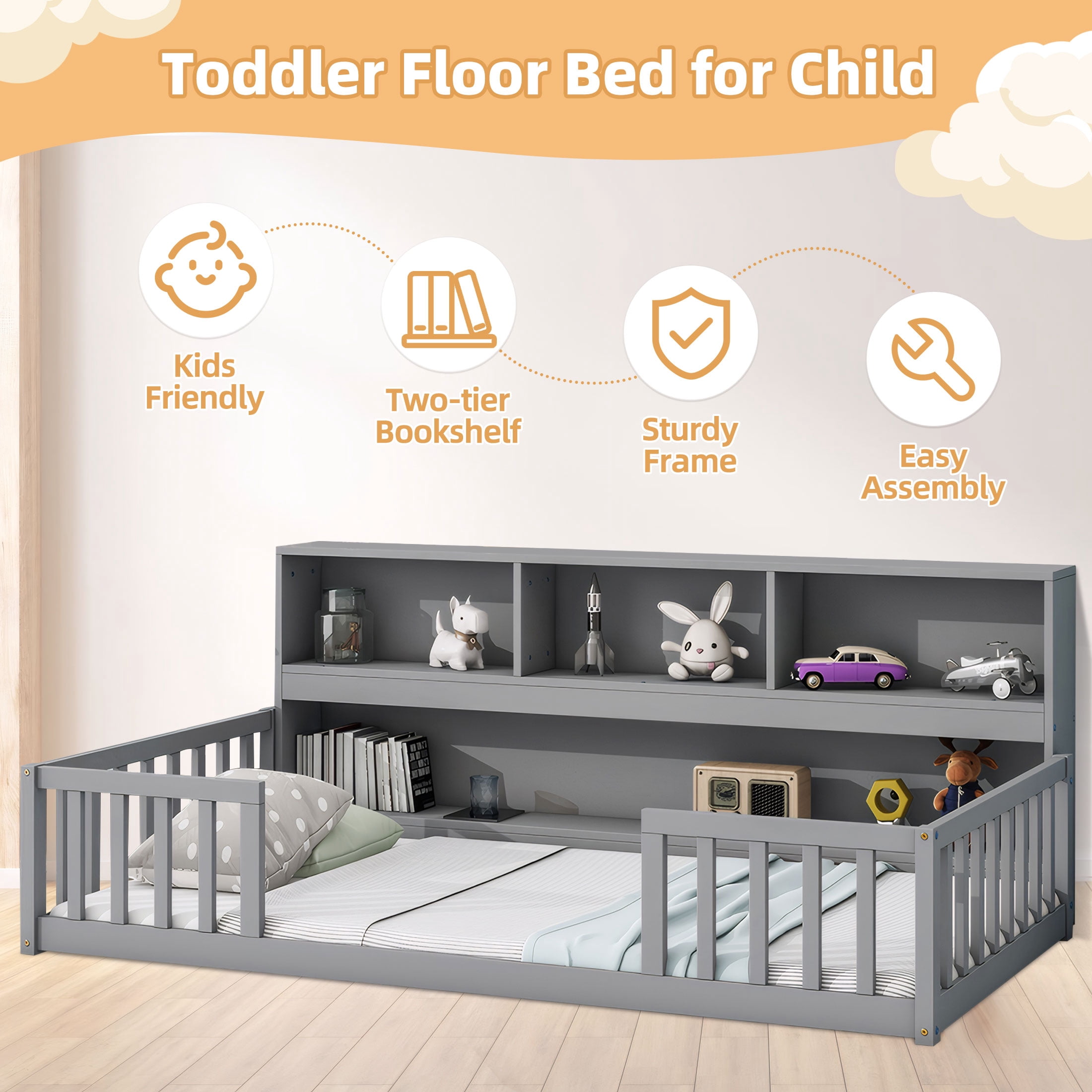 PORKISS Twin Floor Bed Frame with Bookcase and Fence, Wood Kids Floor Bed with Storage Shelves, Montessori Bed, Grey