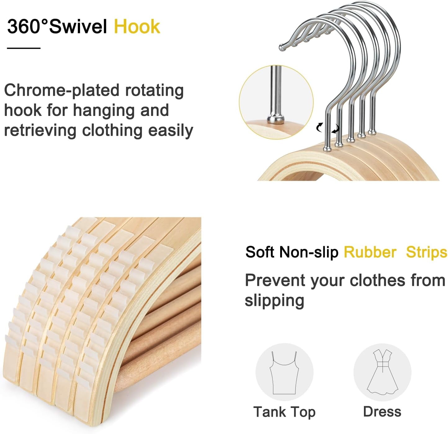 HANGER Sleek Wooden Hangers with Non-Slip Rubber Grips, Sweater Hangers No Shoulder Bump, Lightweight Clothes Hangers 30-Pack, 360 °   Swivel Hook and Pants Bar