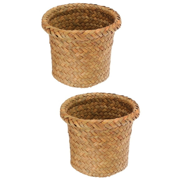 Masteelf 2pcs Woven Trash Can Laundry Hamper Weaving Storage Basket Bathroom Storage Bin Size L