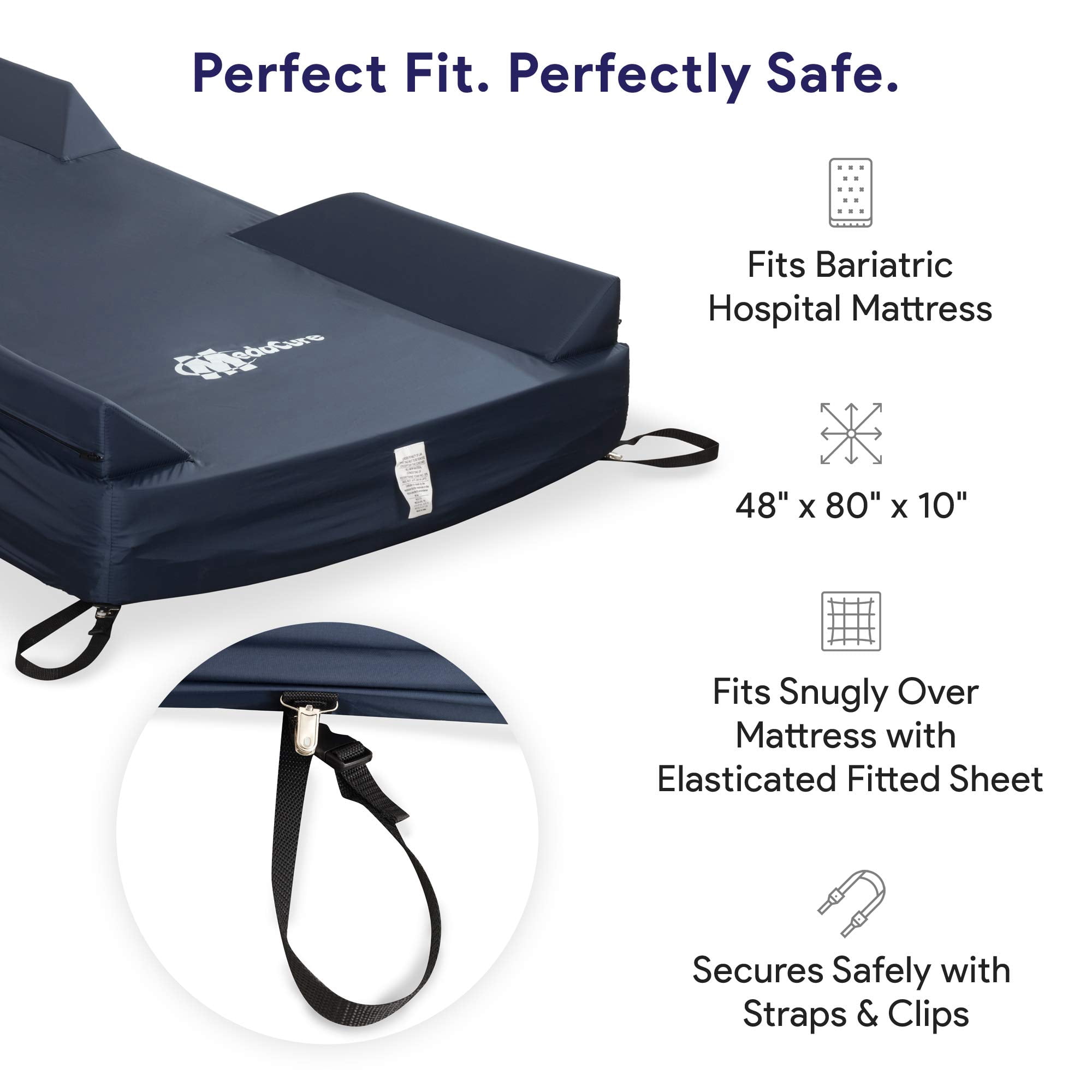 Fall Prevention Foam Bolster Bariatric Mattress Cover with Defined Perimeter  48 X 80 X 10 - Universal Medical Bed Overlay for Fall Risk Patients - Fitted Sheet Fit with Secure Snaps