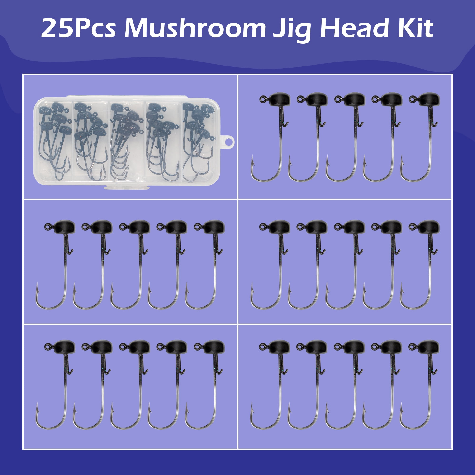 Bombrooster Black Mushroom Head Jigs, 25-Pack Weedless Ned Rigs for Bass - 1/8oz, 3/16oz, 1/4oz Sizes