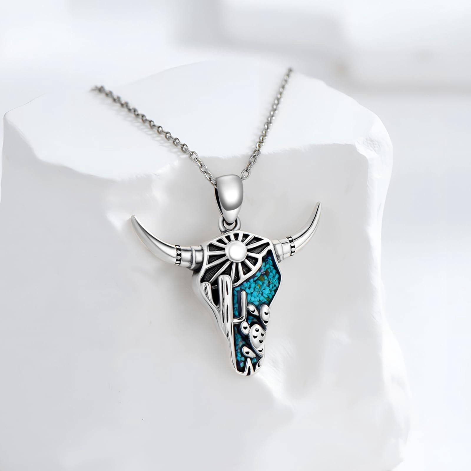 Coachuhhar Western Cow Skull Necklace 925 Sterling Silver Cactus Turquoise Pendant Necklace Jewelry Country Mothers Day Gifts for Mom Women