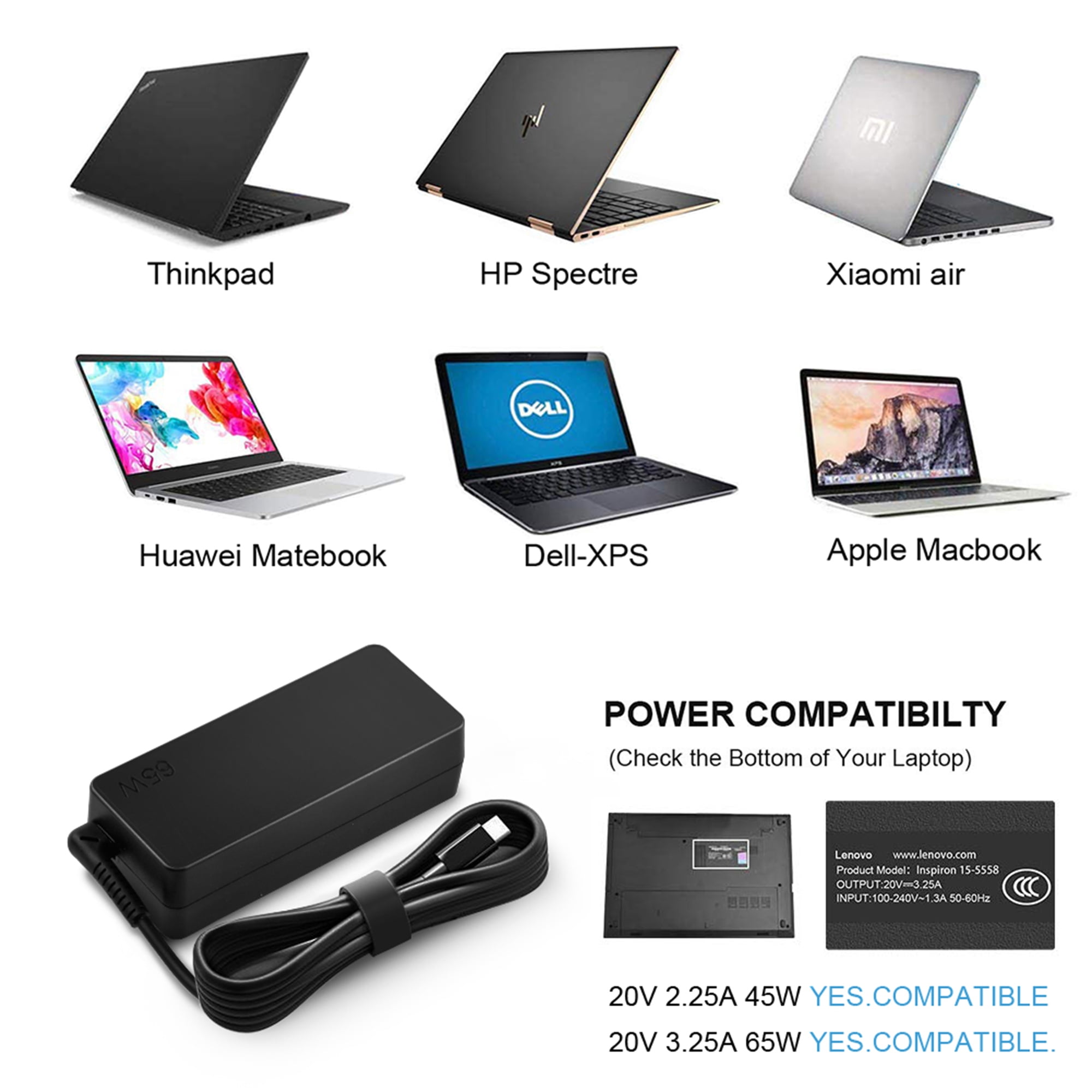 Charger for Lenovo Laptop Computer 65W 45W USB C Power Supply AC Adapter for Lenovo Chromebook,ThinkPad T480 T480s T580 T580s E480 E580 Yoga A485 T490S T590 C930 C940 13 IdeaPad 730s Laptop Charger