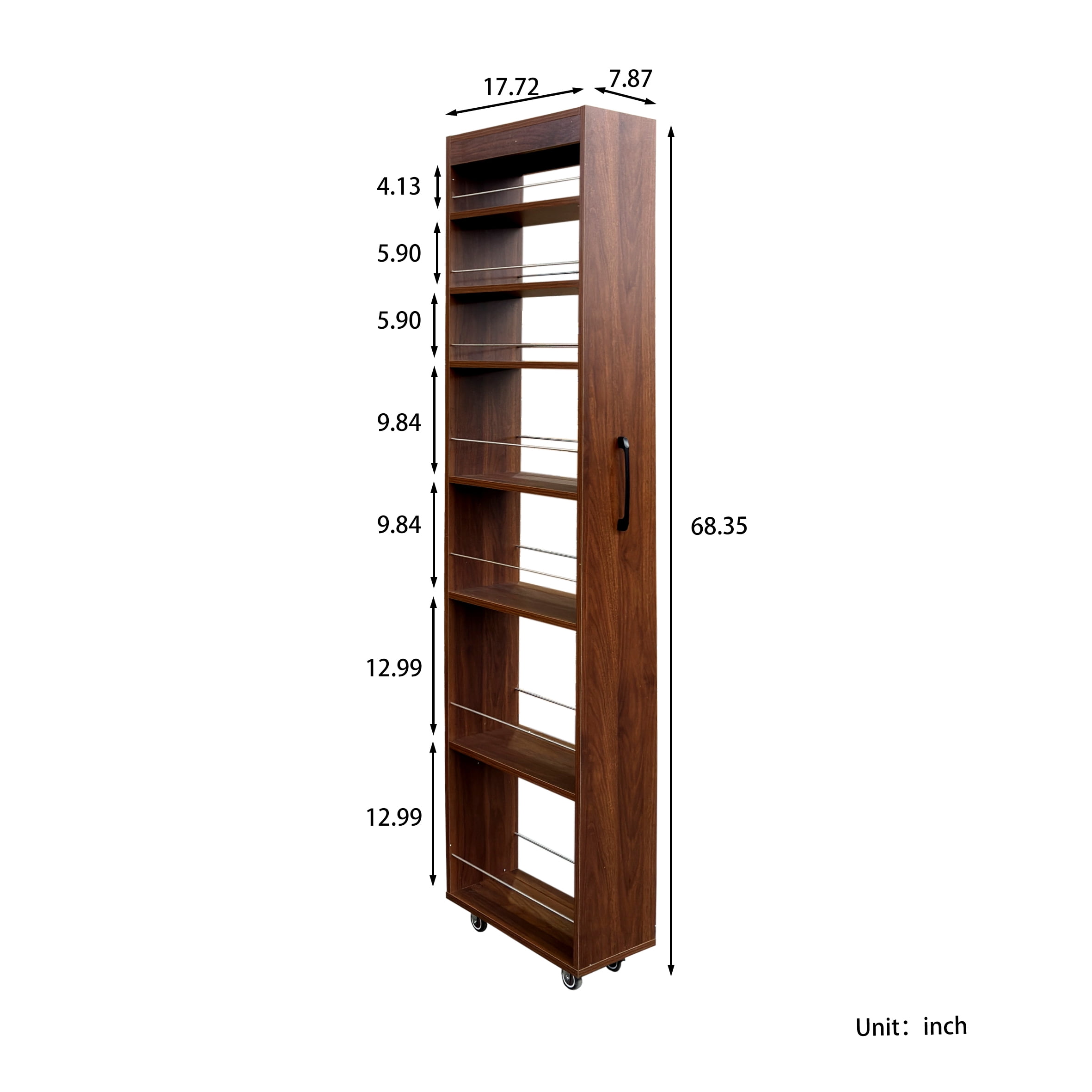 7-Tier Slim Pull-Out Storage Shelf Rolling Utility Cart for Narrow Kitchen Spaces, Walnut
