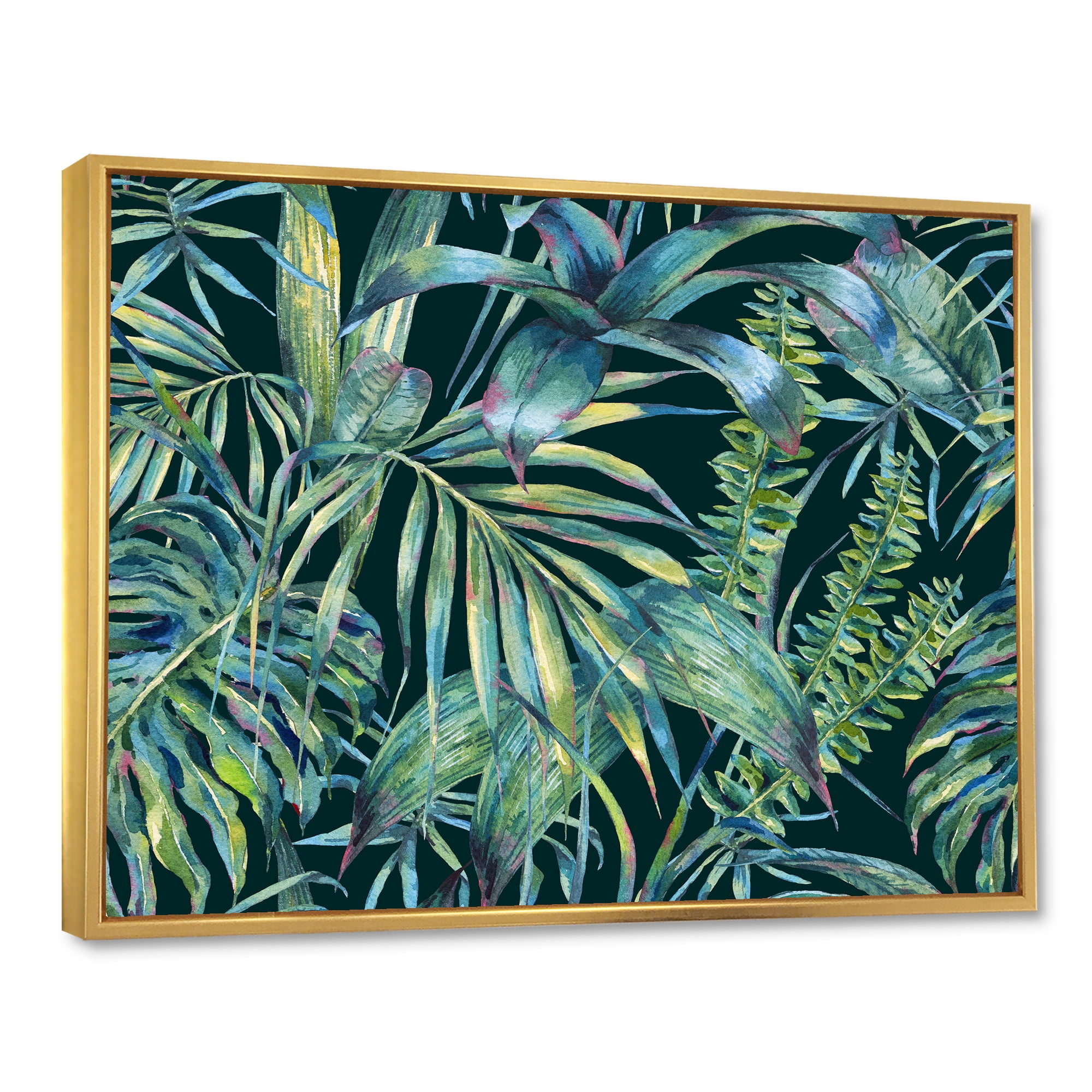 Designart 'Natural Green Leaves Exotic On Dark I' Tropical Framed Canvas Wall Art Print
