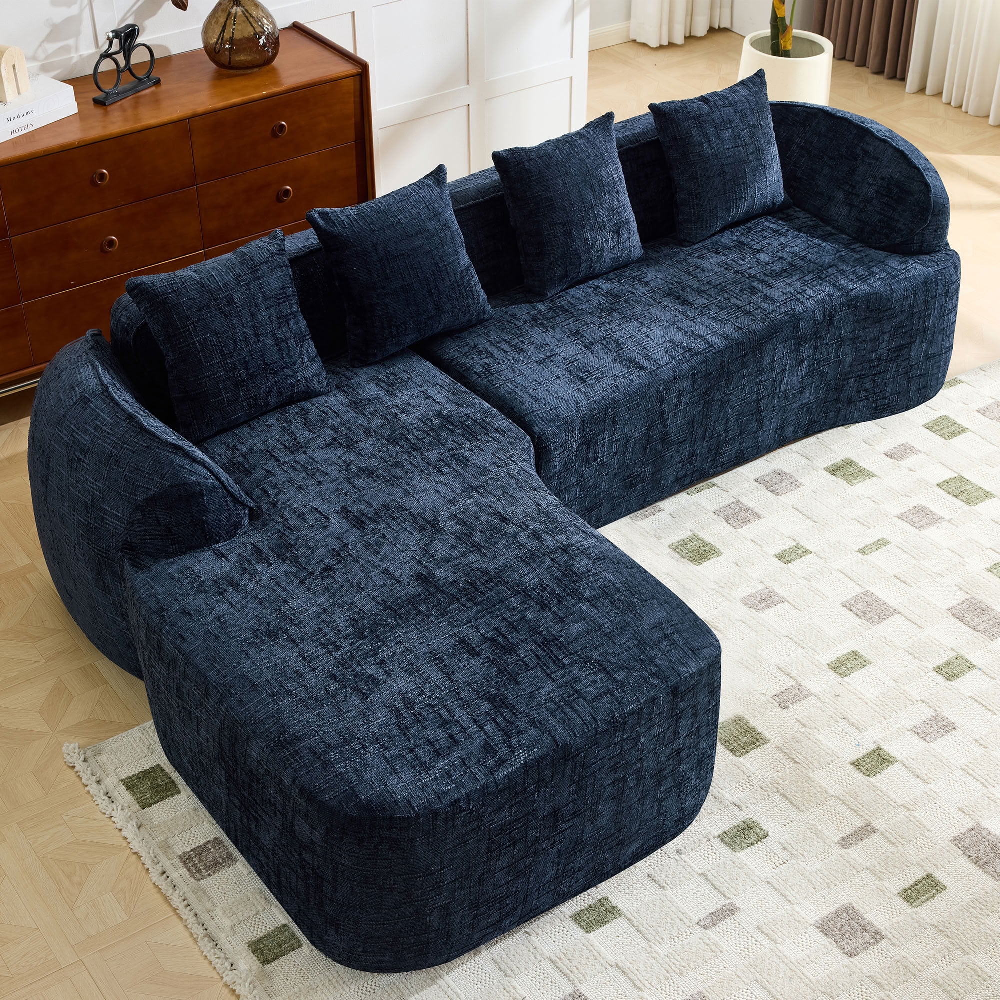 MAYEERTY L-Shaped Chenille Sectional Sofa with Chaise Lounge, 4-Seat Compressed Couch with 4 Throw Pillows, for Living Room Apartment Small Spaces
