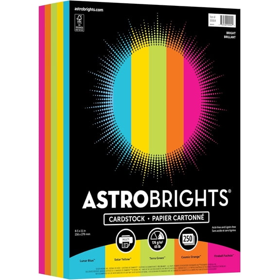 Color Cardstock -"Bright" Assortment, 65 lb Cover Weight, 8.5 x 11, Assorted, 250/Pack