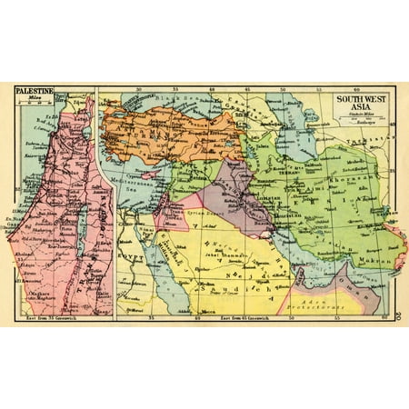 A 1930s map of Palestine left and south west Asia right Poster Print by Hilary Jane Morgan  Design